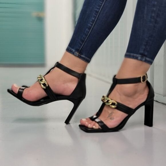 Women's Black Gold Chain Chunky Heels - Picture 2 of 5